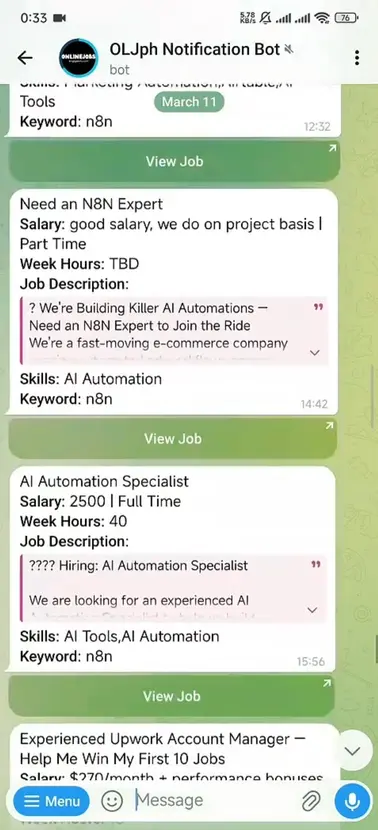 KM Gig Alerts interface showing Onlinejobs.ph job alerts being routed to third-party apps.