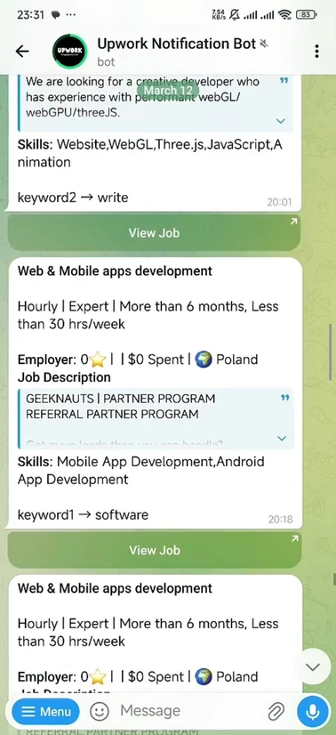 KM Gig Alerts SaaS dashboard showing real-time Upwork job monitoring and Webhook integrations.